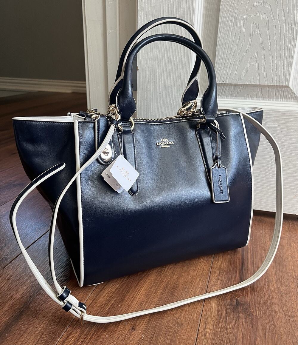 COACH Crosby Navy White Leather Contrast Large Carryall Tote Bag BRAND NEW $395